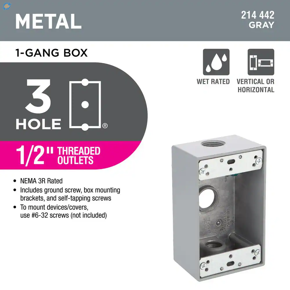 1-Gang Metallic Weatherproof Box with (3) 1/2 In. Holes, Gray