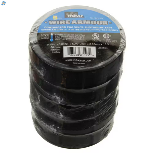 Wire Armour 3/4 In. X 60 Ft. X 0.007 In. Contractor Pro Vinyl Tape, Black (5-Pack)