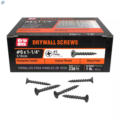 #6 X 1-1/4 In. #2 Phillips Bugle Head Coarse Thread Sharp Point Drywall Screws 1 Lb. Box