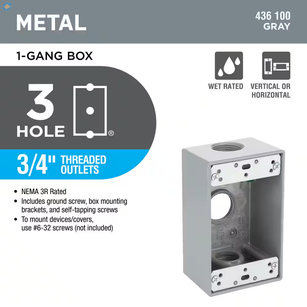 1-Gang Metallic Weatherproof Box with (3) 3/4 In. Holes, Gray